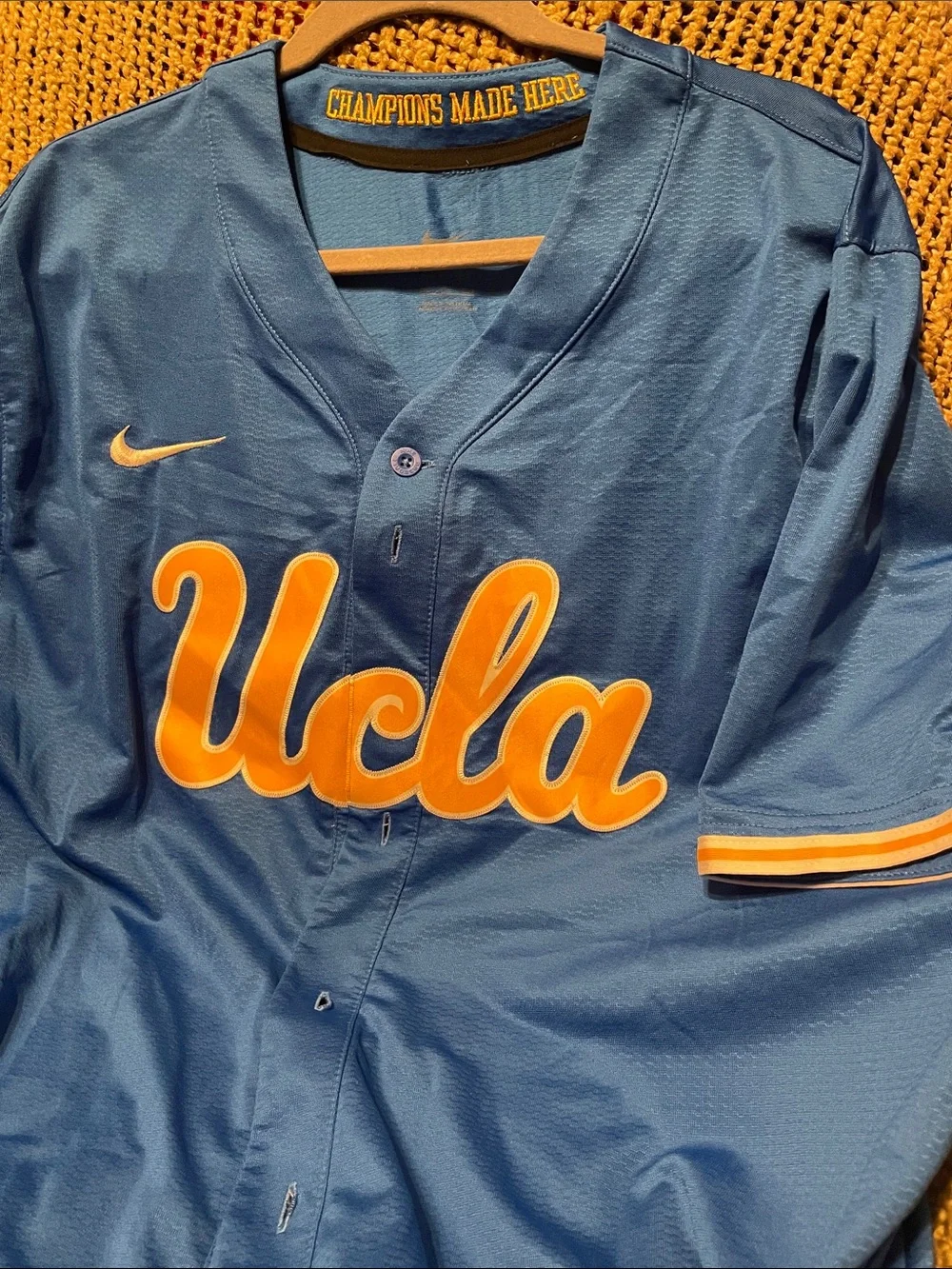 Nike UCLA Blue and Gold Baseball Jersey